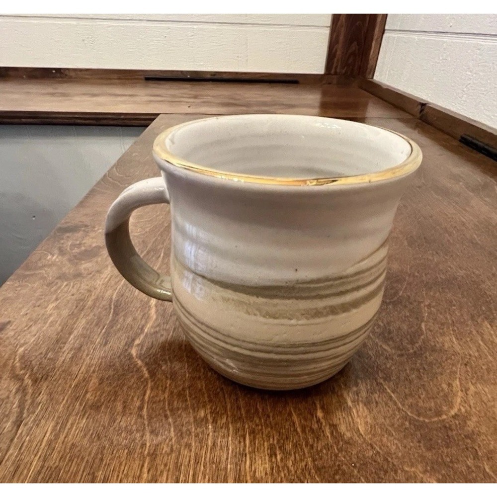 Brown and White Ceramic Mug Glossy Finish Round Shape With Handle Gold Trim